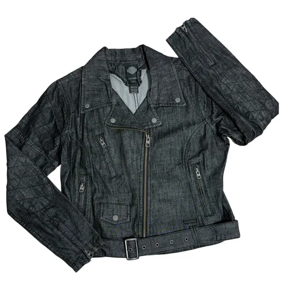 Harley-Davidson black denim slim fit moto jacket y2k biker grunge size L - Picture 8 of 14